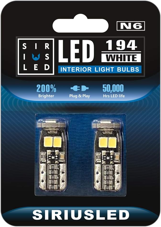 SIRIUSLED N6 194 Extremely Bright 3030 Chipset LED Bulbs for Car Interior Lights License Plate Dome Map Side Marker Door Courtesy Wedge 6000K Xenon White 168 175 174 2825 T10 192 Pack of 2