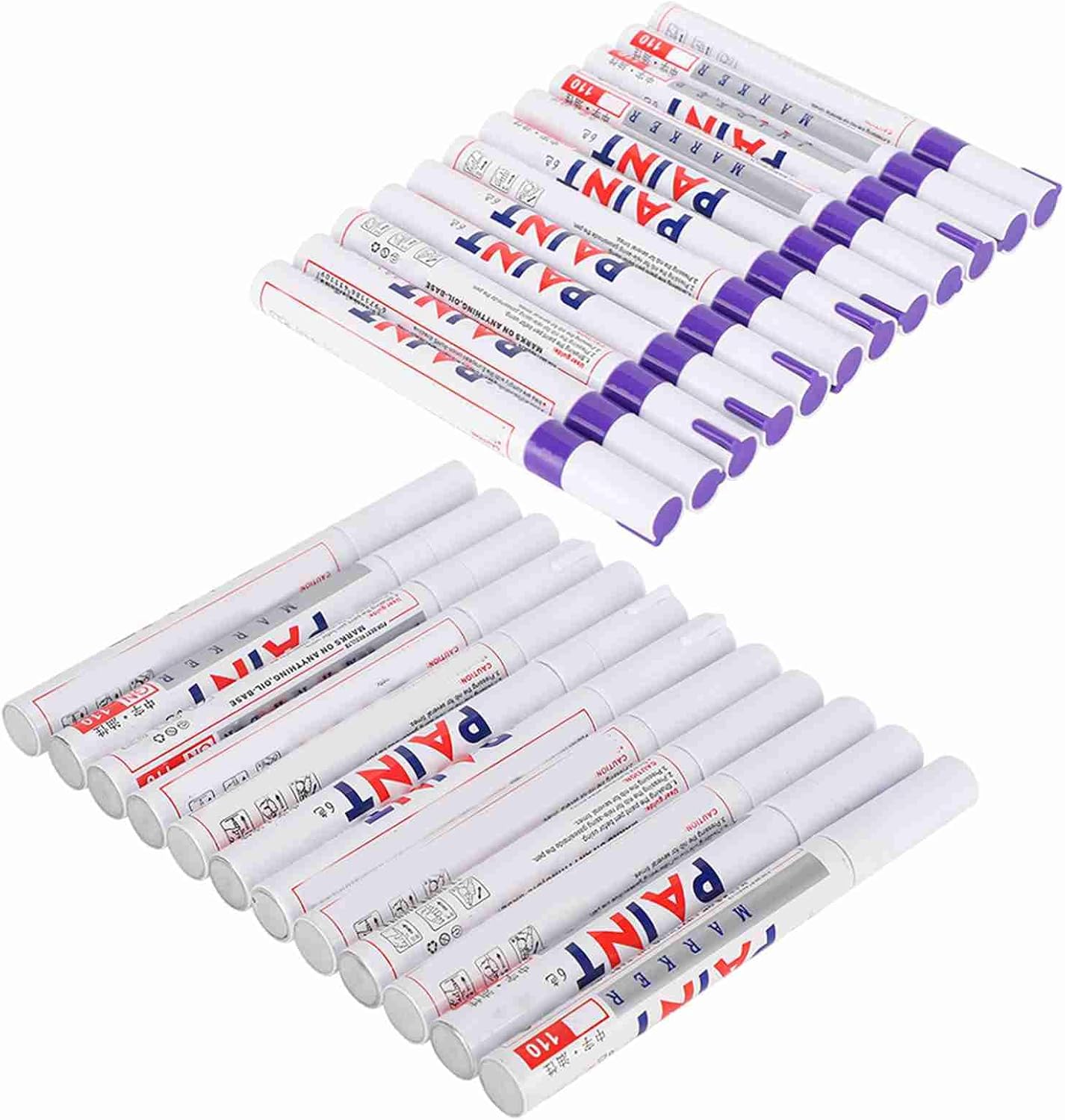 Paint Pen Refill Pack, Permanent Oil - Based Marker, White and Purple, Waterproof, 24pcs - Durable Fiber Tip, Multi - Surface Use, Ideal for Car, Tire, Glass, Metal