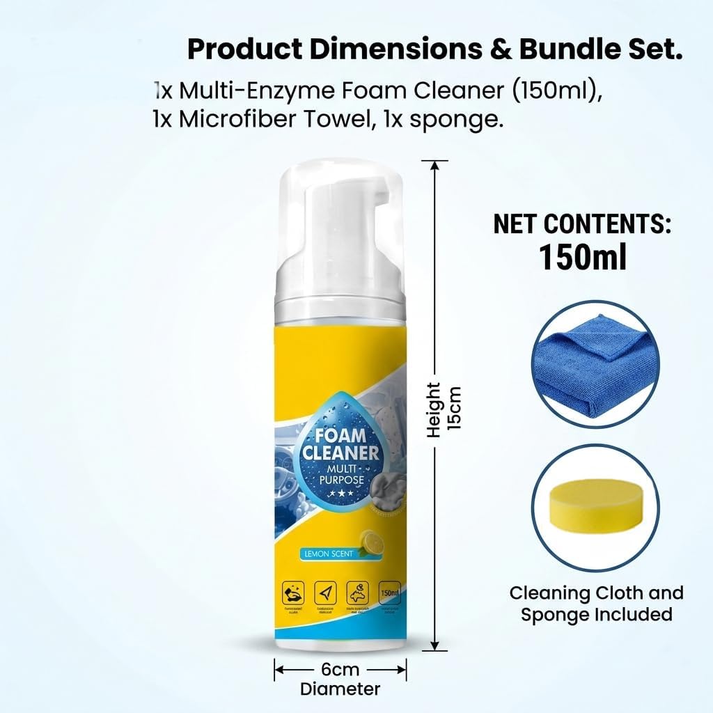 5.3oz Foam No Rinse Cleanser, Limpiador Espuma Multiusos Spray, 4-in-1 Multi-Enzyme Foam Cleaner for Car Seat, Powerful &Multipurpose Car Interior Foam Cleaner, for Kitchen, Bathroom & Sofa (2pc)