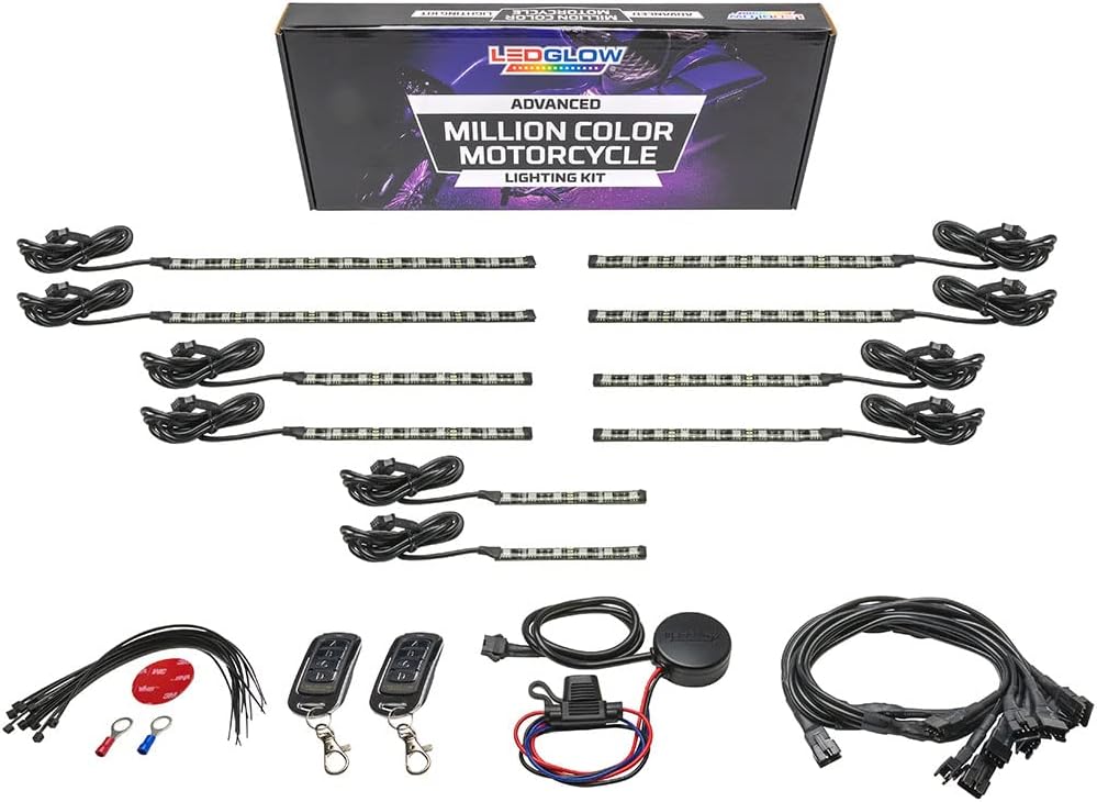 LEDGlow 10pc Advanced Million Color LED Motorcycle Accent Underlow Light Kit - 15 Solid Colors - 6 Patterns - Multi-Color Flexible Strips - Includes Waterproof Control Box & 2 Wireless Remotes