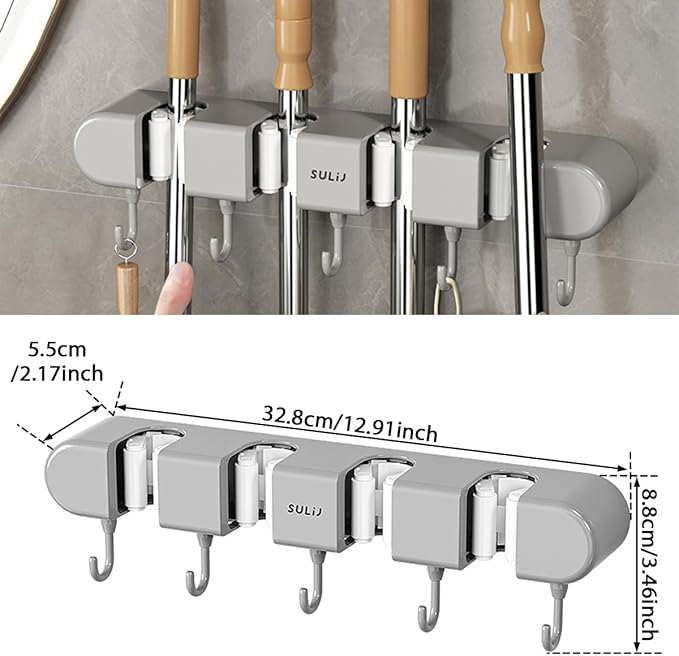 2Pcs Broom Mop Holder with Hooks Wall Mounted Broom Storage Rack No Drilling - Image 8