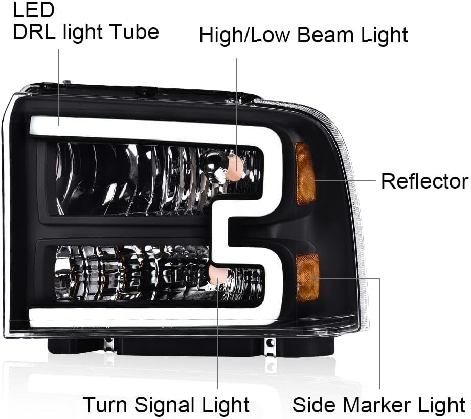 LED DRL Headlights Assembly Front Headlamp Clear Lens Black Housing Amber | Compatible with Ford F250 F350 F450 F550 Super Duty 2005-2007, Fit Ford Excursion 2005, Reflector