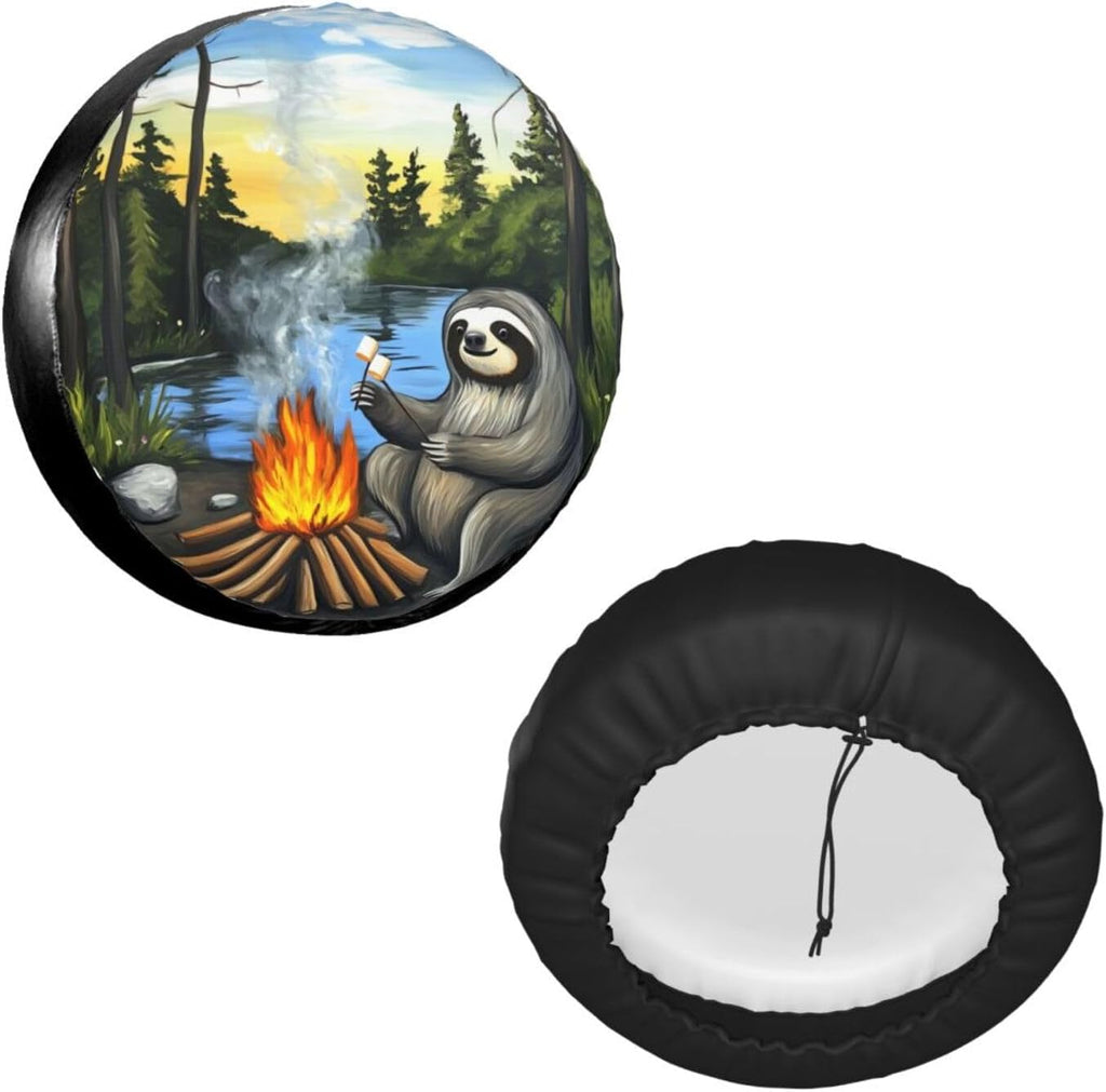 Sloth Toasting Marshmallows Universal Spare Tire Cover,15 Inch,Waterproof Polyester Wheel Protector Funny Cute Tire Covers for Rv Suvs Trucks Travel Trailers Outdoor,Easy Install