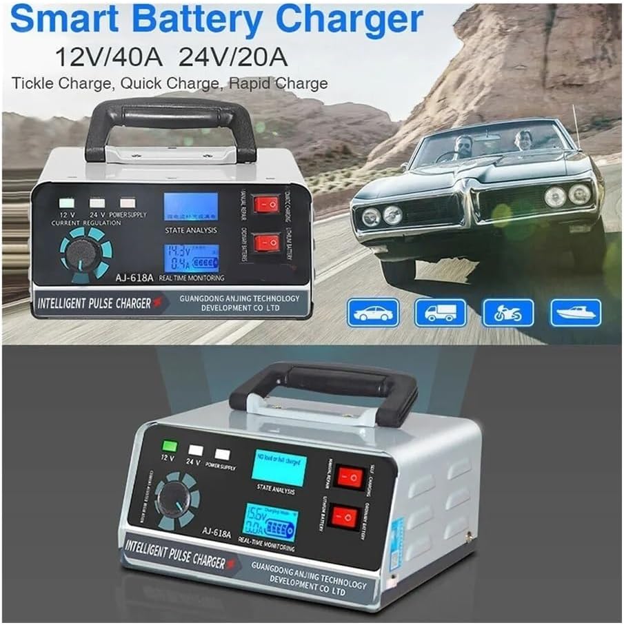 Smart 12V 24V 40A 400W Battery Charger for Cars, Trucks, Ships & Motorcycles, Pulse Repair, Trickle Charge(EU Plug)