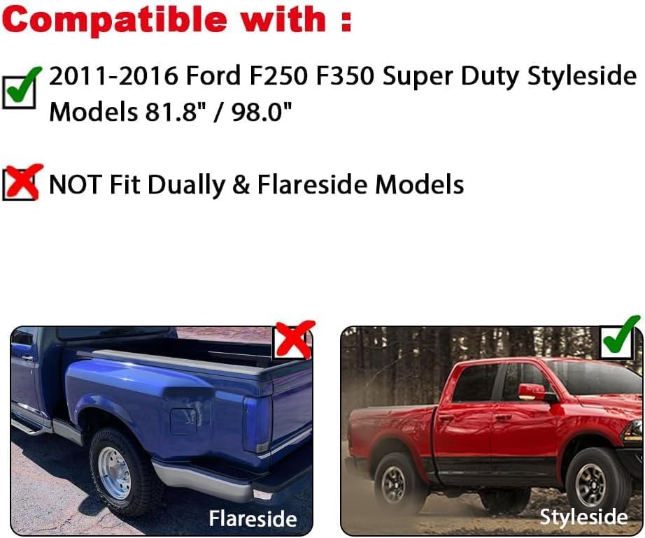 DOTCOM Fender Flares 4PCS Fit Ford F250 F350 Super Duty 2011-2016 Black | Smooth Pocket Rivet Style,Fit 2011-2016 Ford F250 F350 Super Duty(81.8" / 98.0" bed),Not fit Dually & Flareside models