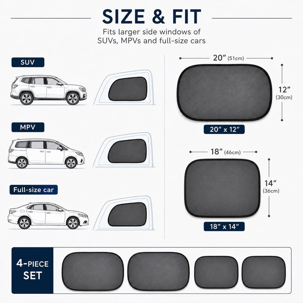 Car Window Sun Shades for Baby, Static Cling Side Window Cover, UV Ray and Glare Protection, 20 * 12&14 * 18 Inch, 4 Pack