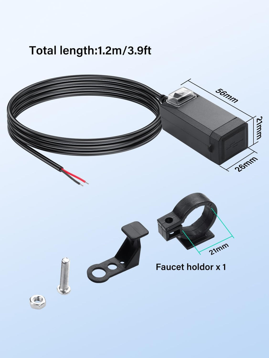 Motorcycle USB Charger, 3.1A Dual USB Motorcycle Waterproof Charger with Switch for Phone, Tablet, GPS, etc-1.2M/3.9ft