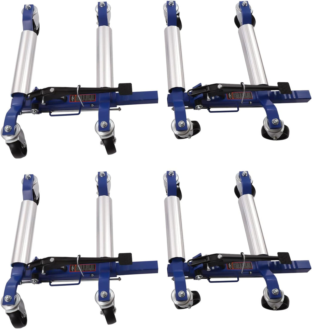4-Piece Ratcheting Wheel Dollies Set, 5200lbs Capacity, Adjustable 10-22in | 360° Nylon Wheels, Heavy Duty Steel, Foot Pedal, Easy Move Car Tire Skates, Garage, Auto Shop, Silver Blue Black