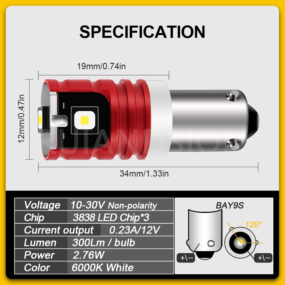 Ruiandsion BAY9S LED Bulbs 2-Pack, Super Bright 6000K White, Fits H21W 64136 12356, 10-30V Non-Polarity for Dome Light, Door, Trunk & Glove Box Lights