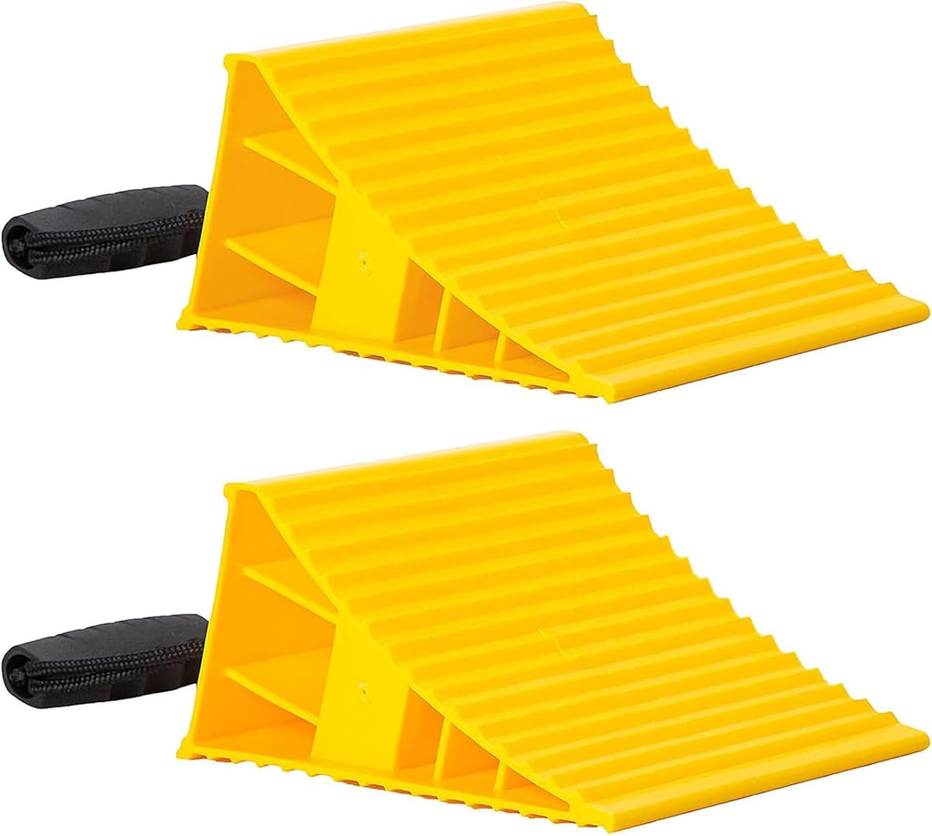 Homeon Wheels RV Camper Large Wheel Chocks Extra Wide with Handle and Rope for Travel Trailers, Cars, Tire Chocks Blocks 2 Packs Hard Plastic Heavy Duty(Yellow)