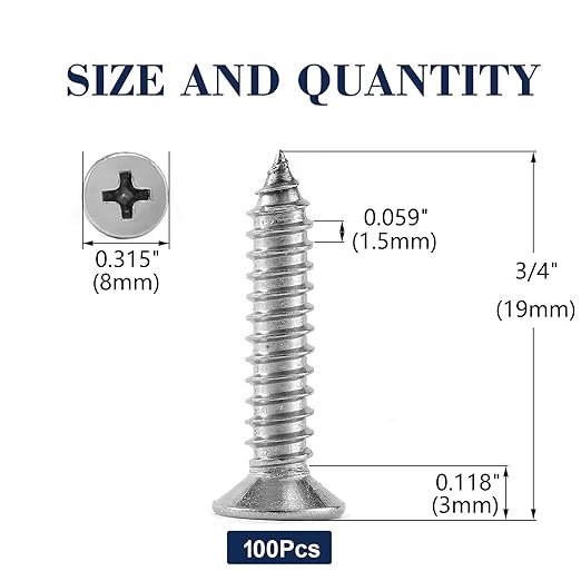 #8 x 3/4" Wood Screw 100Pcs 18-8 Stainless Steel Screws Flat Head Phillips Fast - Image 2