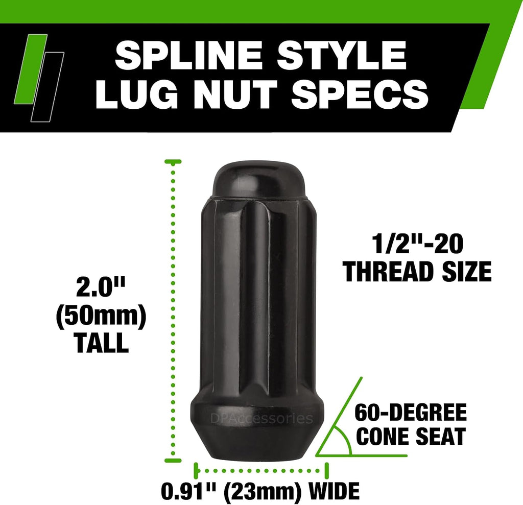 DPAccessories Black 1/2-20 Lug Nuts for Aftermarket Wheels - Closed End Duplex XL Spline Tuner - 51mm (2") Tall - Set of 32 - D5142P-2305/32