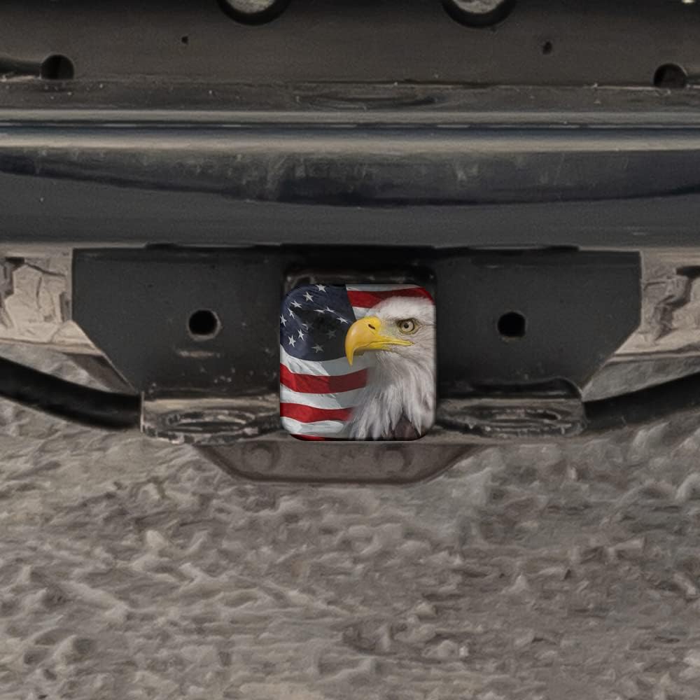 Swono Bald Eagle American Flag Tow Trailer Hitch Cover Plug Insert, Bald Eagle Waving USA Flag Sturdy Hitch Tube Covers Keep Trailer Hitch Receiver Tube Clean and Protected for Sedans Tractors Trucks