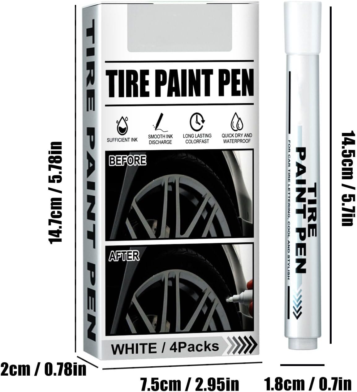 4Pieces Paint Pen for Car Tires, White Paint Pen Waterproof Tire Marker Lettering Paint Pen