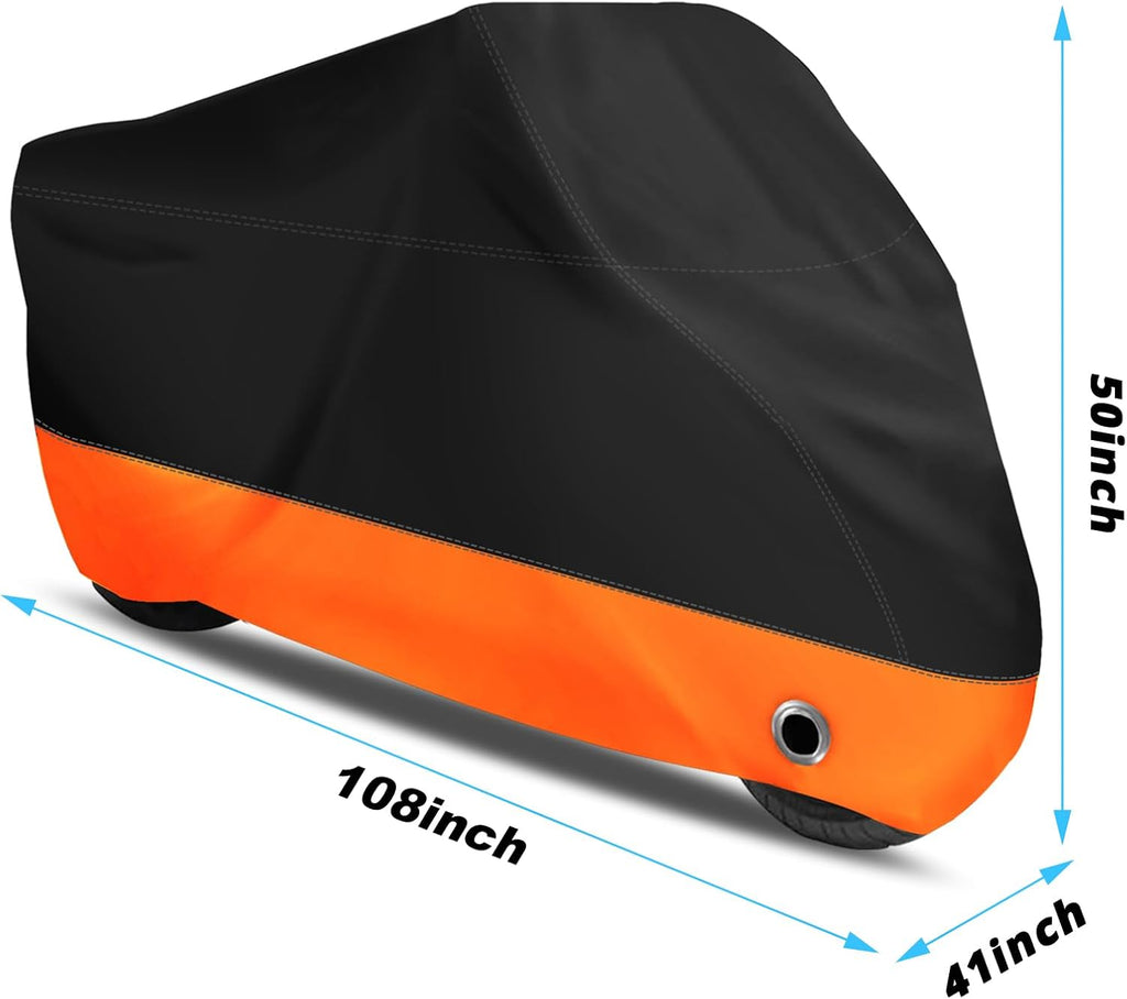 XYZCTEM Motorcycle Cover,All Season Black&Orange Waterproof Outdoor Sun Motorcycle Cover,Fits up to 108" Motors