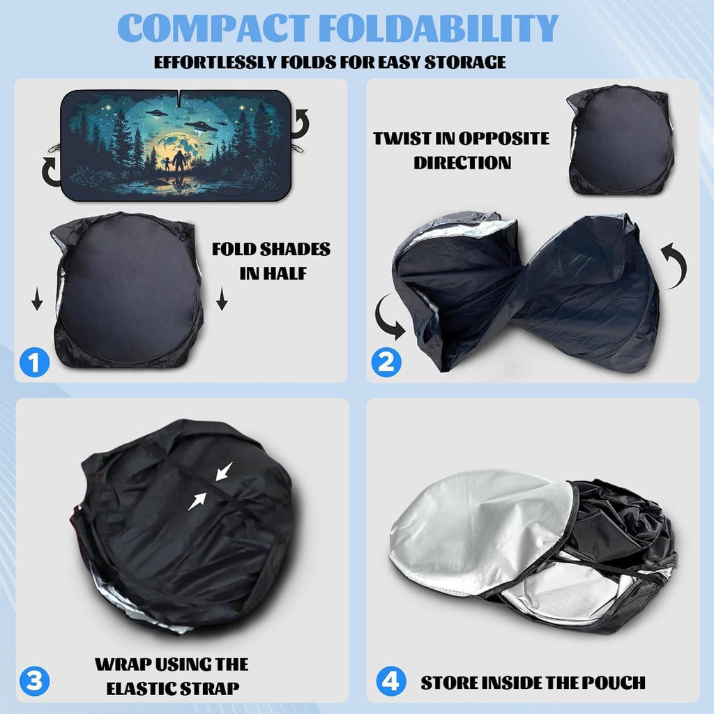 Bigfoot Alien Car Windshield Sunshade - Folding Moon UFO Trees Heatshield Front Window Sun Shade Visor Protector for Sedan Truck SUV - 59" L x 31.5" W