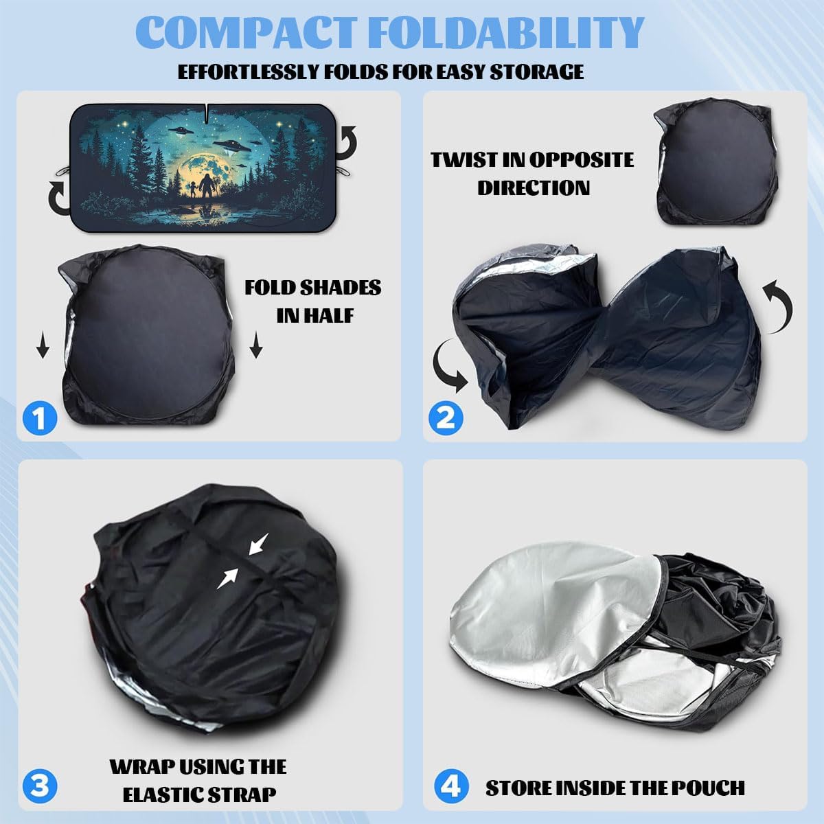 Bigfoot Alien Car Windshield Sunshade - Folding Moon UFO Trees Heatshield Front Window Sun Shade Visor Protector for Sedan Truck SUV - 59" L x 31.5" W