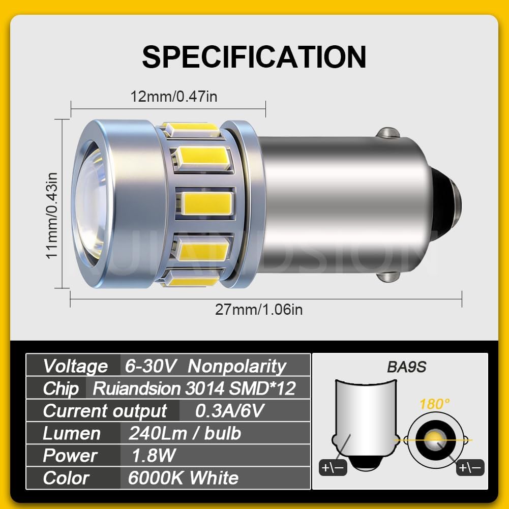 Ruiandsion BA9S LED Bulb 12V 240LM for Glove Box 5-Pack White