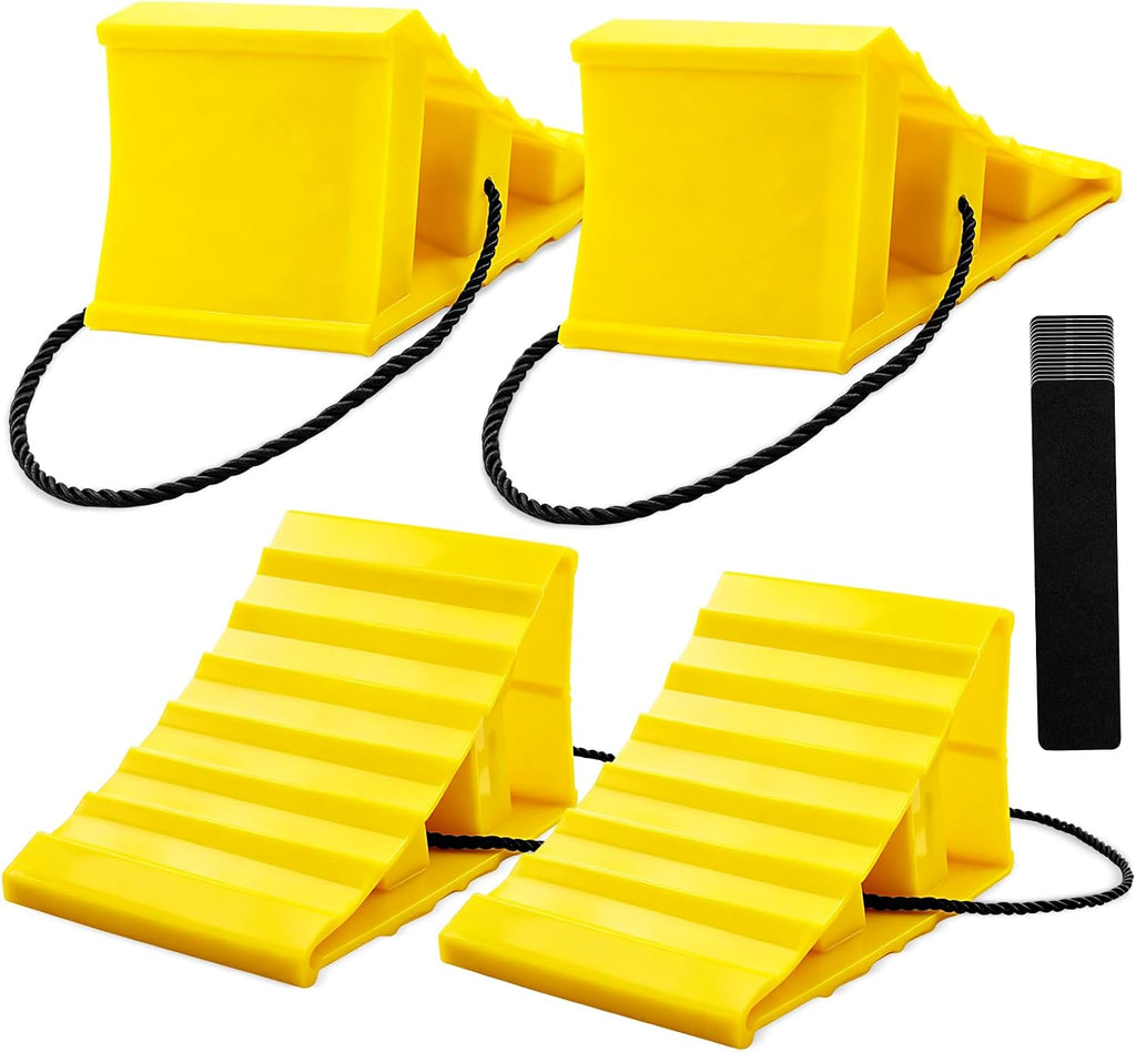 4 Pack Wheel Chocks, Wheel Chocks with Rope, Plastic Hard Wheel Stoppers Block for Camper Cars, RV Trailer, Trucks (Yellow)