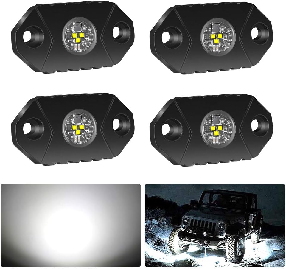 4WDKING White LED Rock Lights, 4 Pods IP68 Waterproof Underbody Glow Trail Rig Lamp LED Neon Lights for Truck Off Road Truck Car Boat ATV SUV Motorcycle