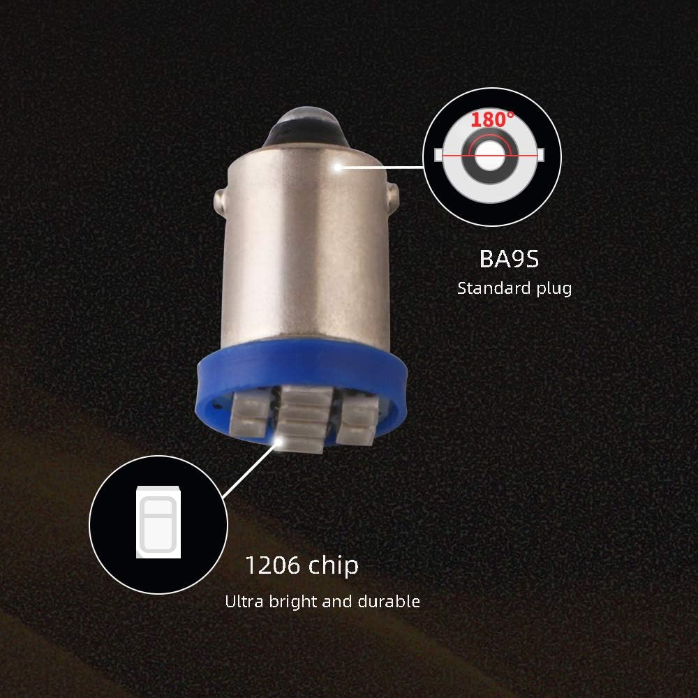 Grandview BA9 BA9S 53 57 1895 64111 White Car Vehicle BA9S Blue Super Bright LED Bulbs Used for Side Door Courtesy Lights Map Lights - Pack of 10