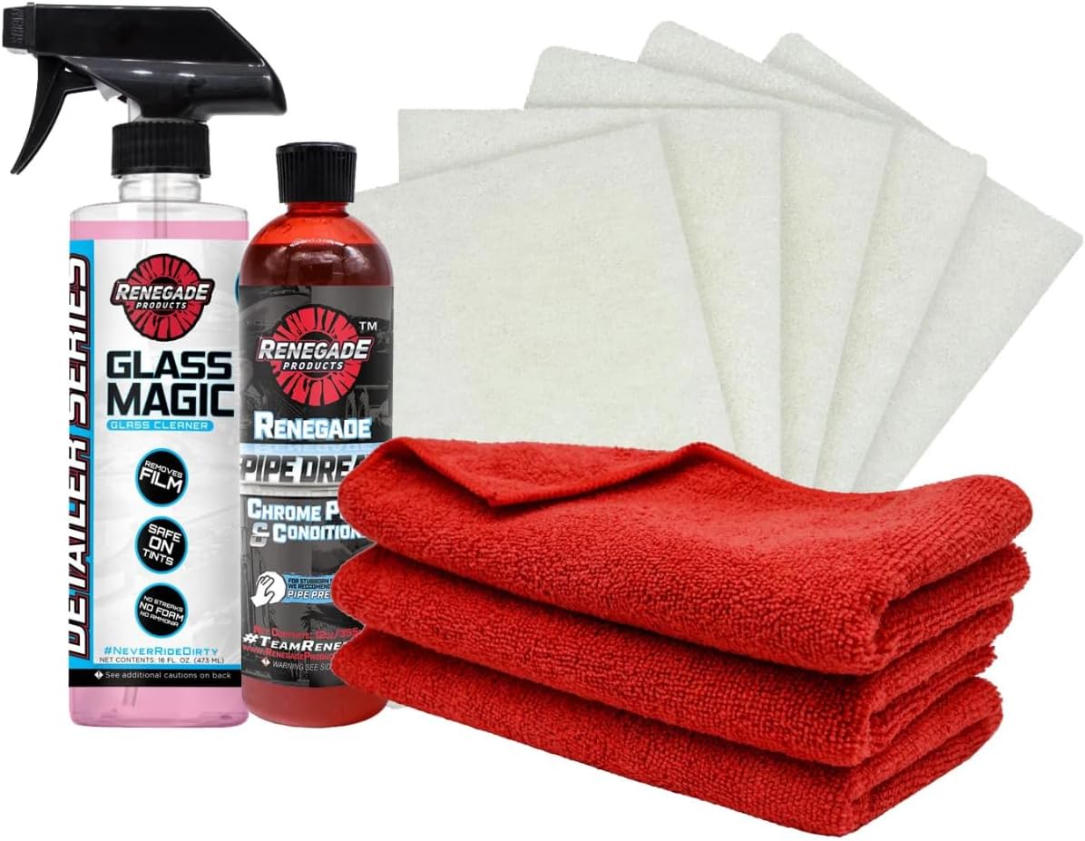 Renegade Products Chrome Maintenece Bundle – Includes Glass Cleaner, Chrome Conditioner, Synthetic Steel Wool & Microfiber Towels – No Machine Needed - for Trucks, Wheels, Metal, Aluminum