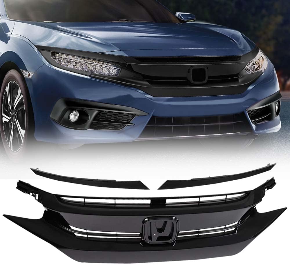 G-PLUS Hood Mesh Grille Fit Honda Civic 10th 2016 2017 2018,Glossy Black | Factory Style Hood Grille,Front Upper,ABS materials