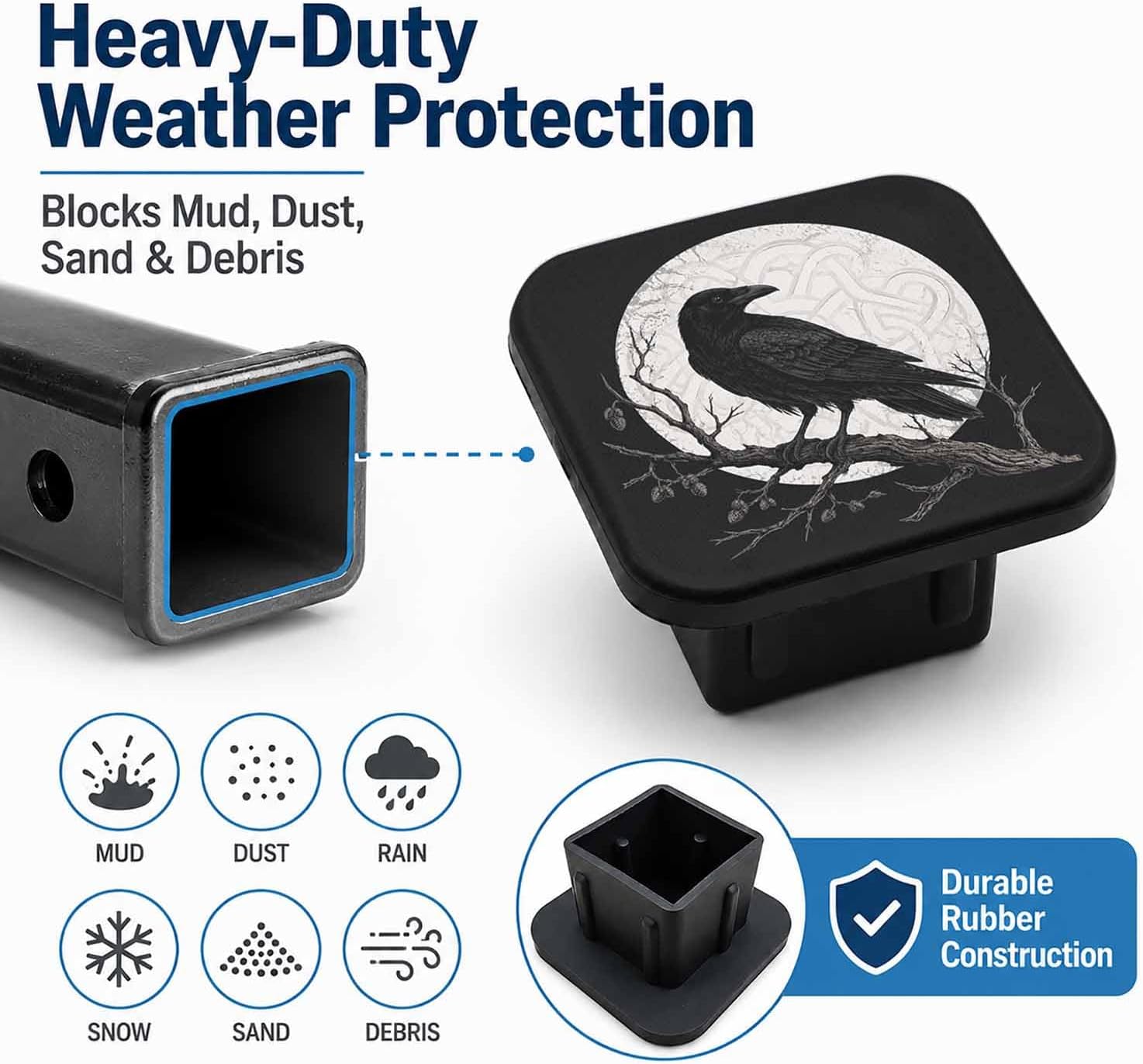 2" Hitch Cover Black Raven Rubber Towing Hitch Covers Hitch Protector for Camping Travel, Trailer Hitch Cover Tube Plug Insert Car Exterior Accessories for Pickup Trucks