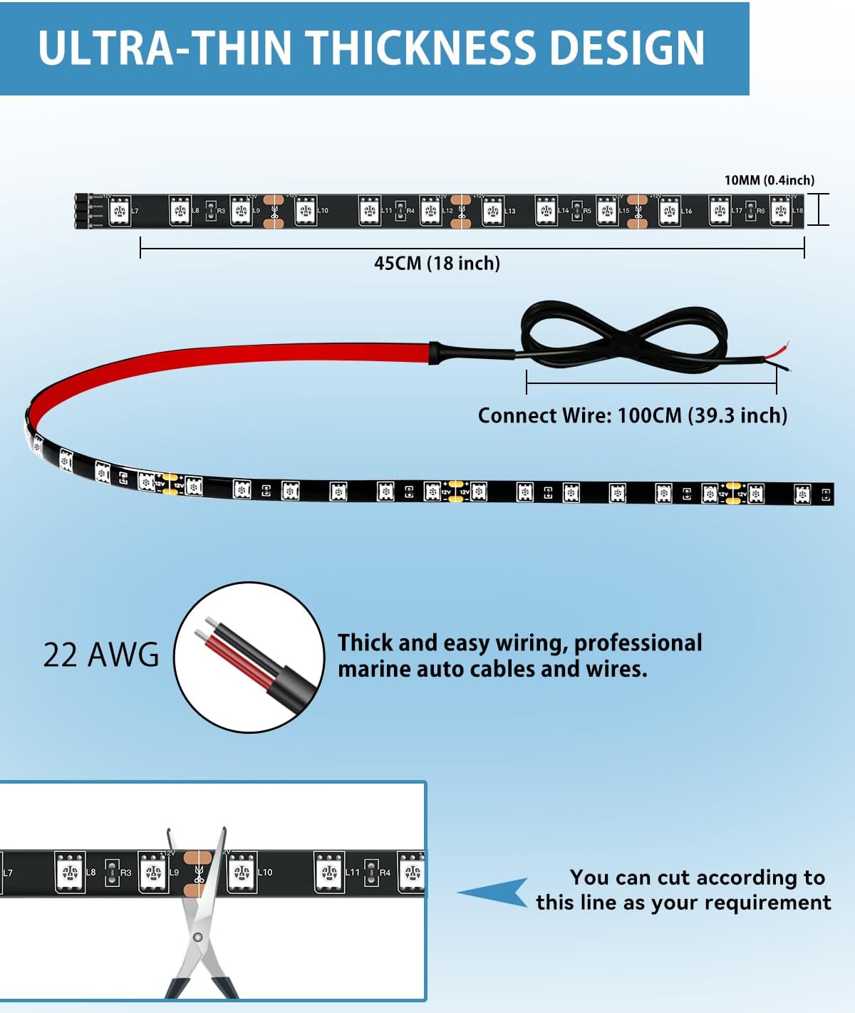 12V Led Light Strip 18" Connectable White LEDs Strip Lights for Car Motorcycle Golf Cart Automotive Trucks Boat Waterproof Led Light Strip, 4Pack