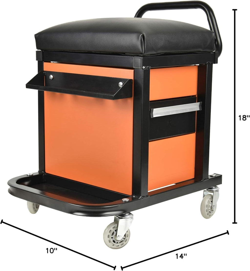 AAIN Rolling Tool Box with Mechanics Seat - Built-in Storage Drawers, 2.5-Inch Swivel Casters, Heavy-Duty 300 lb Capacity Mobile Workbench