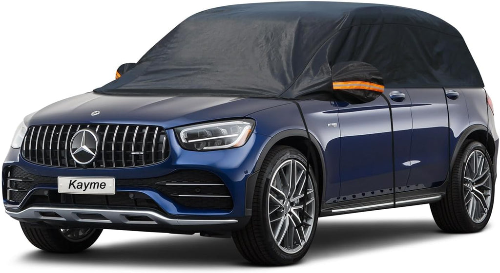 Kayme Half Car Cover, Windshield Cover for Ice and Snow Top with Reflective Straps, Roof Cover Waterproof All Weather Dust, Sun Protection. Front Rear Window Cover Fit SUV. YL (143''-157'')