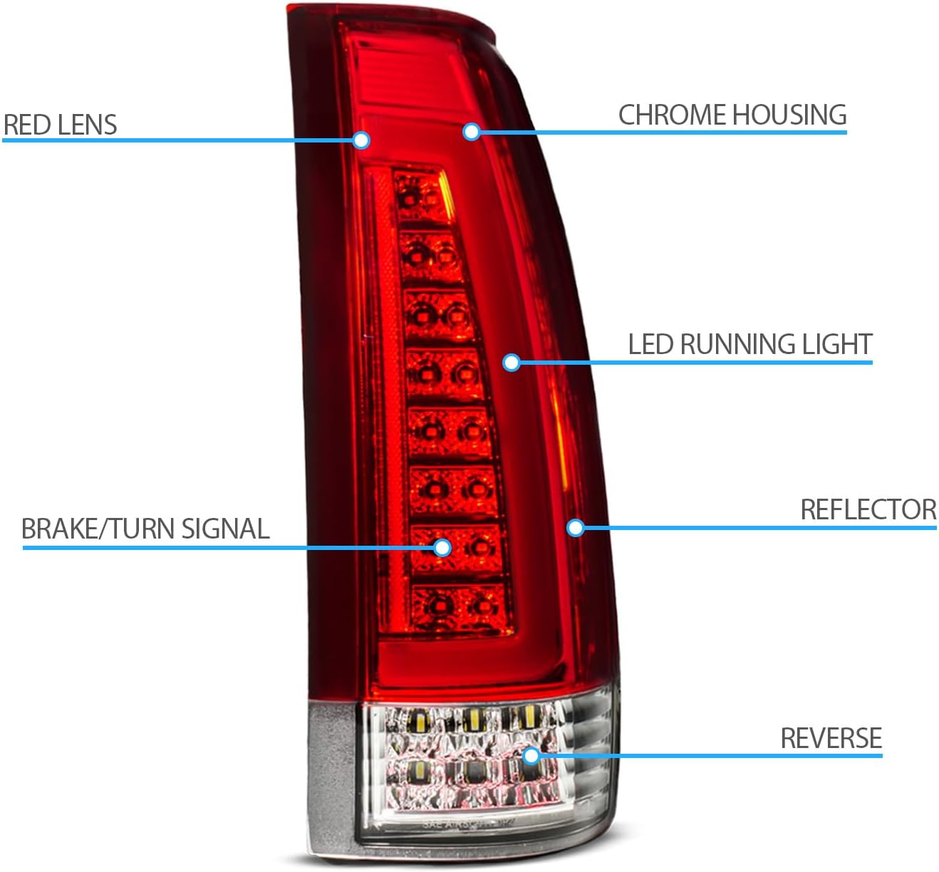 AmeriLite for 1988-2000 Chevy GMC C/K Pickup Vehicle Full Size Tahoe Suburban [Full LED] C-Type Tube Crystal Red Replacement Tail Lights Set - Passenger and Driver Side