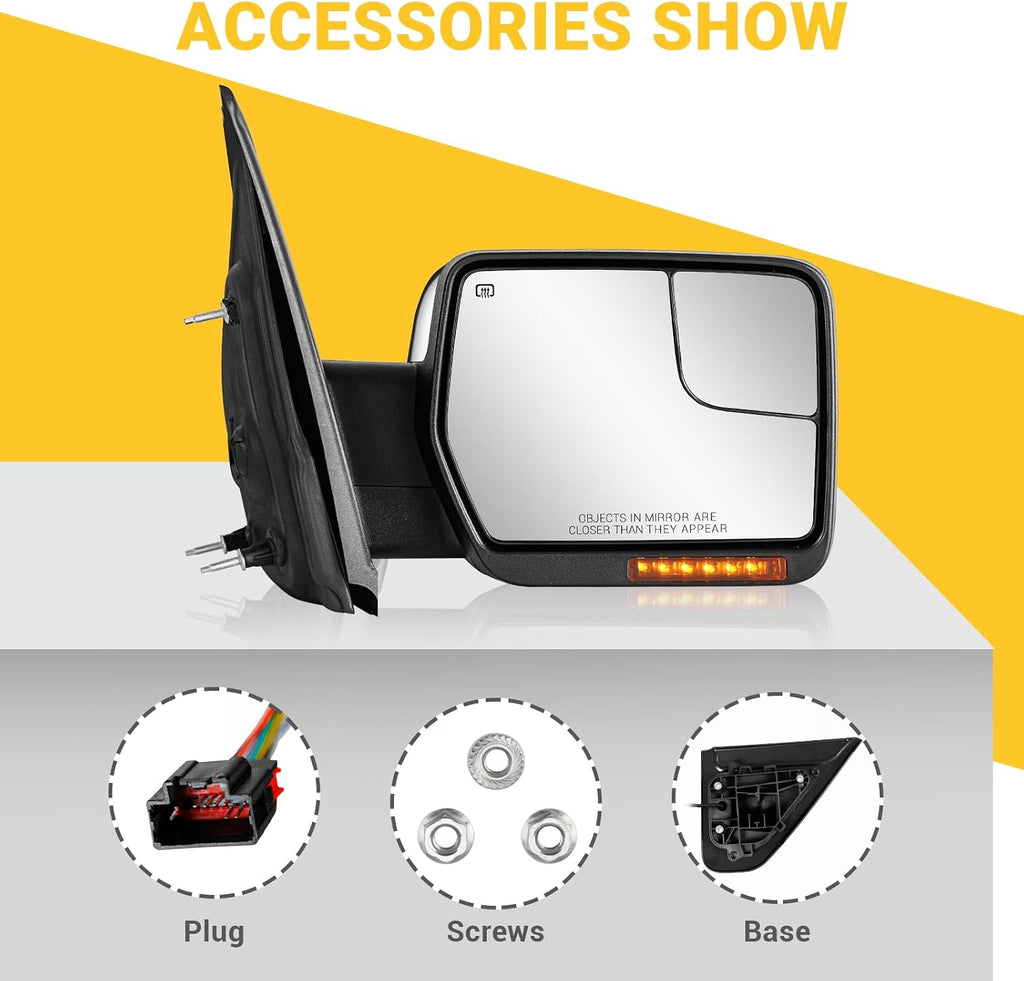 Side Mirrors Ford F150 2004-2014 Towing Mirror with Dynamic Turn Signal Light Power Glass Puddle Lamp Heated Manual Folding Pair Set, Chrome