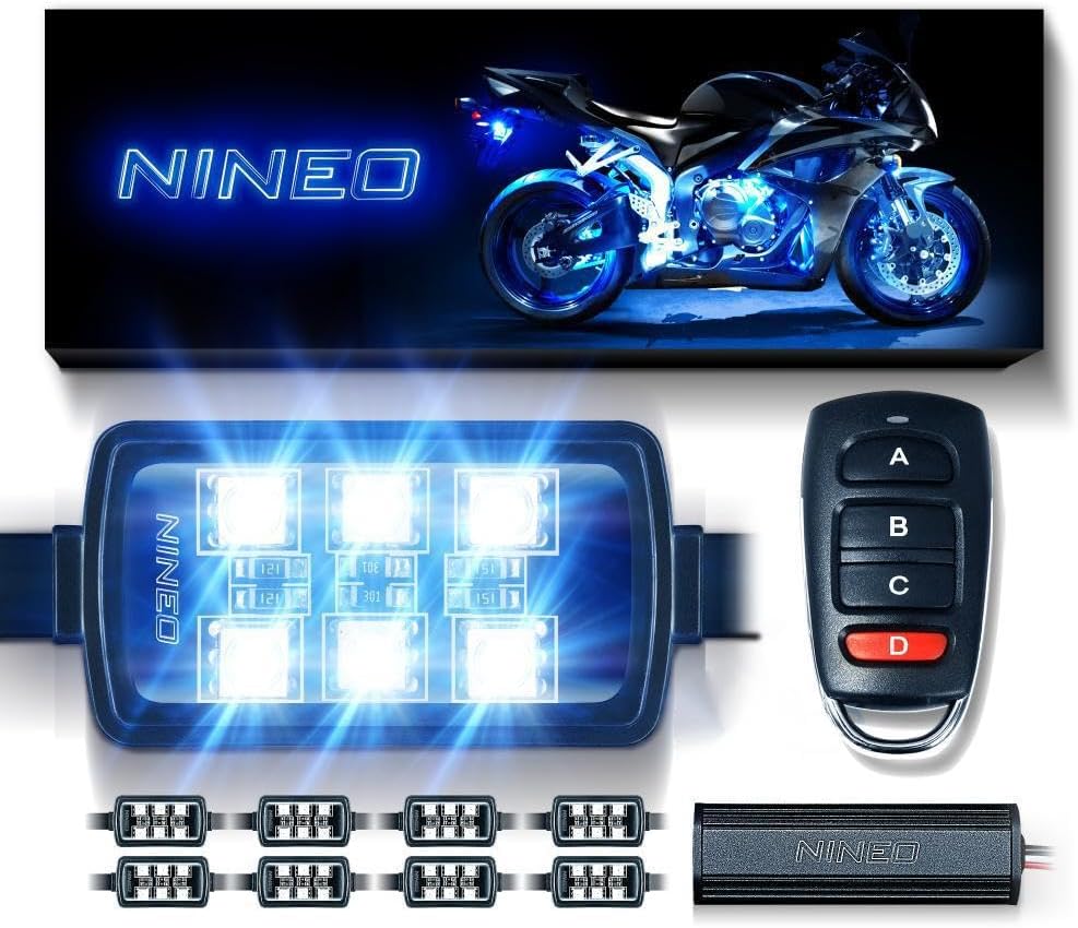 NINEO 8PCS Motorcycle RGB Led Light Kit, Multi-Color Atmosphere Underglow Lights with Memory Function and Red Brake Light, Fit for Street Glide, Road Glide, Sportster, Dyna, Softail, Iron, Touring