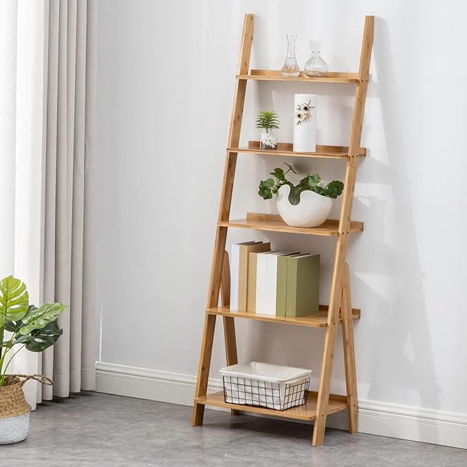Maydear Bamboo Ladder Shelf Bookcase, 5-Tier Leaning Bookshelf Free Standing