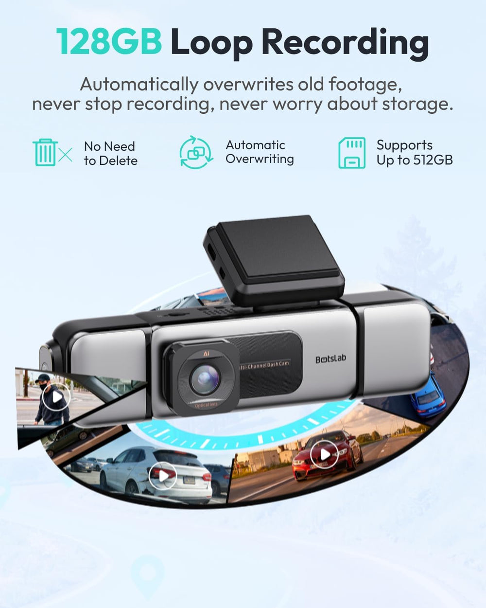 BOTSLAB 4 Channel 360° Dash Cam, 128GB Card, Voice Control, App Control
