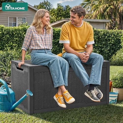 yitahome 100 gallon outdoor deck box, waterproof storage shown in use