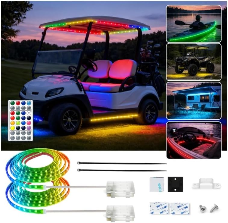 Battery Powered RGB+IC Dream Color Chasing Golf Cart Canopy Roof Lights with Remote, 2 Pack 4FT IP68 Waterproof Addressable Golf Cart Underglow Light Strip for EZGO Yamaha Club Car, Boat, Easy Install