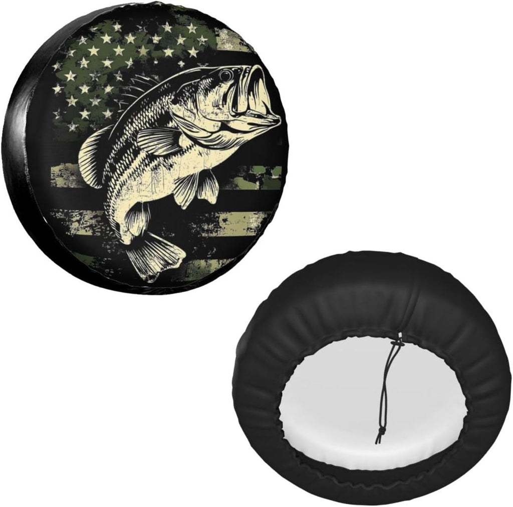 Camouflage American Flag Bass Fish Spare Tire Cover Universal for Rv Suvs Trucks Camper Travel Trailers, Cute Animal Waterproof Wheel Protector Covers,14 inch