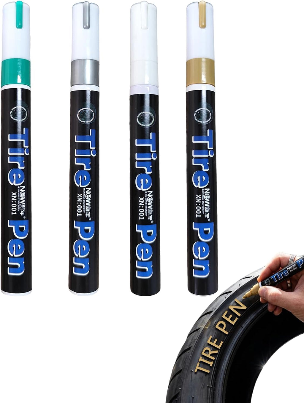 DIY Tire Paint Pen, Tire Lettering Paint Pen & Tyre Pen for Cars, Motorcycles & Bikes, Marker with Curved Tip for Sidewall Marking, 4 Colors (White, Gray, Gold, Green)