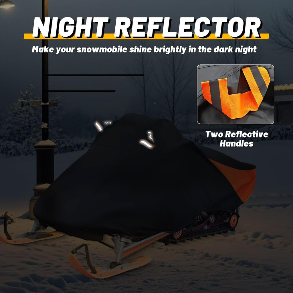 Trailerable Waterproof Snowmobile Cover, Compatible with Polaris Ski Doo Arctic Cat Yamaha, Windproof Snowshield Cover with Windproof Buckles (130''L × 51''W × 48''H) Black and Orange