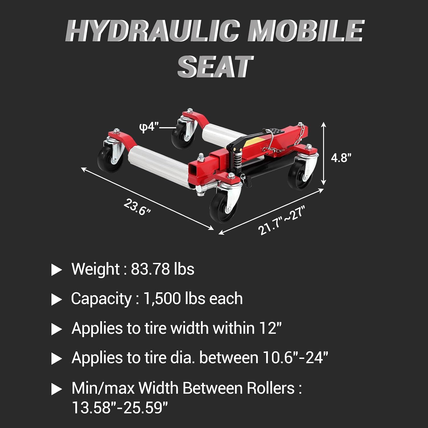 Hydraulic Car Wheel Dolly 1500LBS Set of 2, Heavy Duty Steel Rollers with Ratcheting Foot Pedal, Vehicle Positioning Tire Dolly for Auto Repair and Moving Cars Trucks RVs, Red
