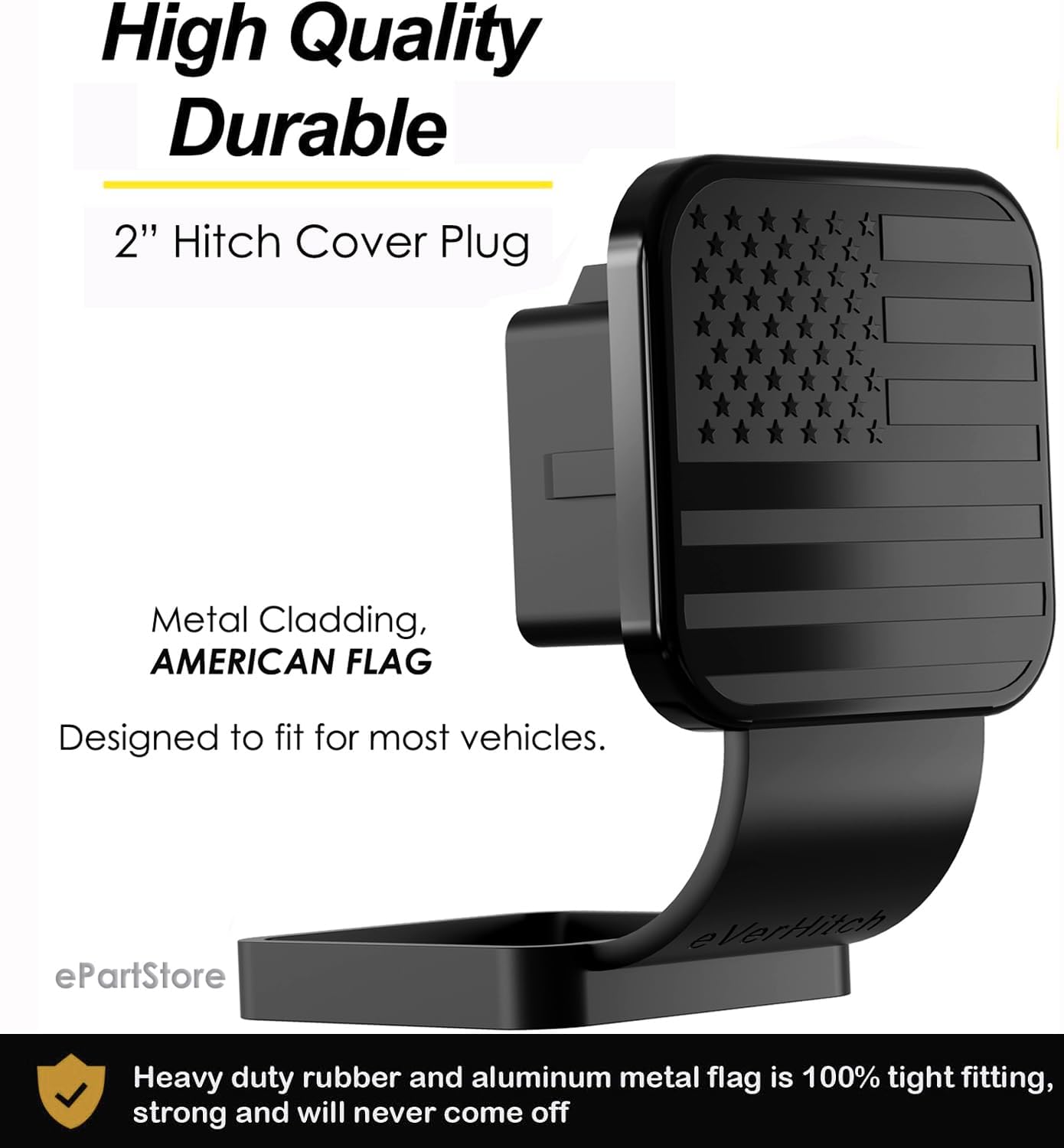 American Flag Trailer Hitch Cover Plug with Retention Ring – Black Aluminum 2 Inch Hitch Receiver Cover Insert for Trucks, SUVs & Jeeps