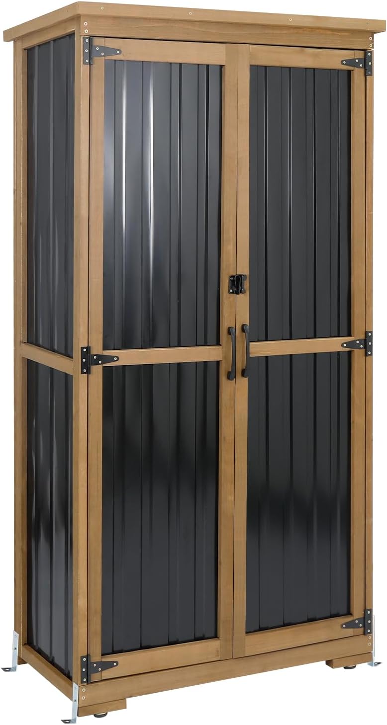 outdoor storage cabinet with shelves, weatherproof tool shed, main product view
