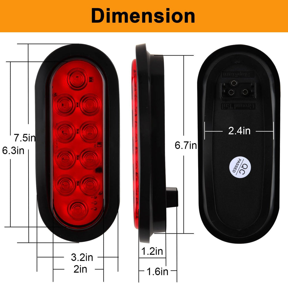 12Pcs 6" Inch Oval LED Trailer Tail Lights Stop Turn Tail Lights Red 10LED