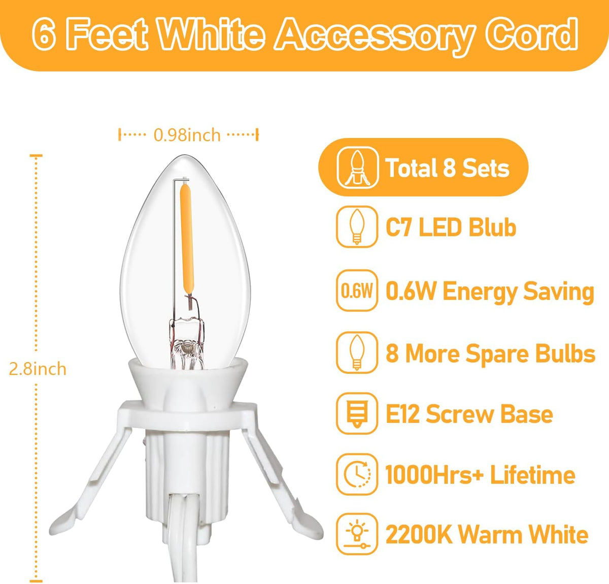8 set 6ft white lamp cord with switch, close-up detail