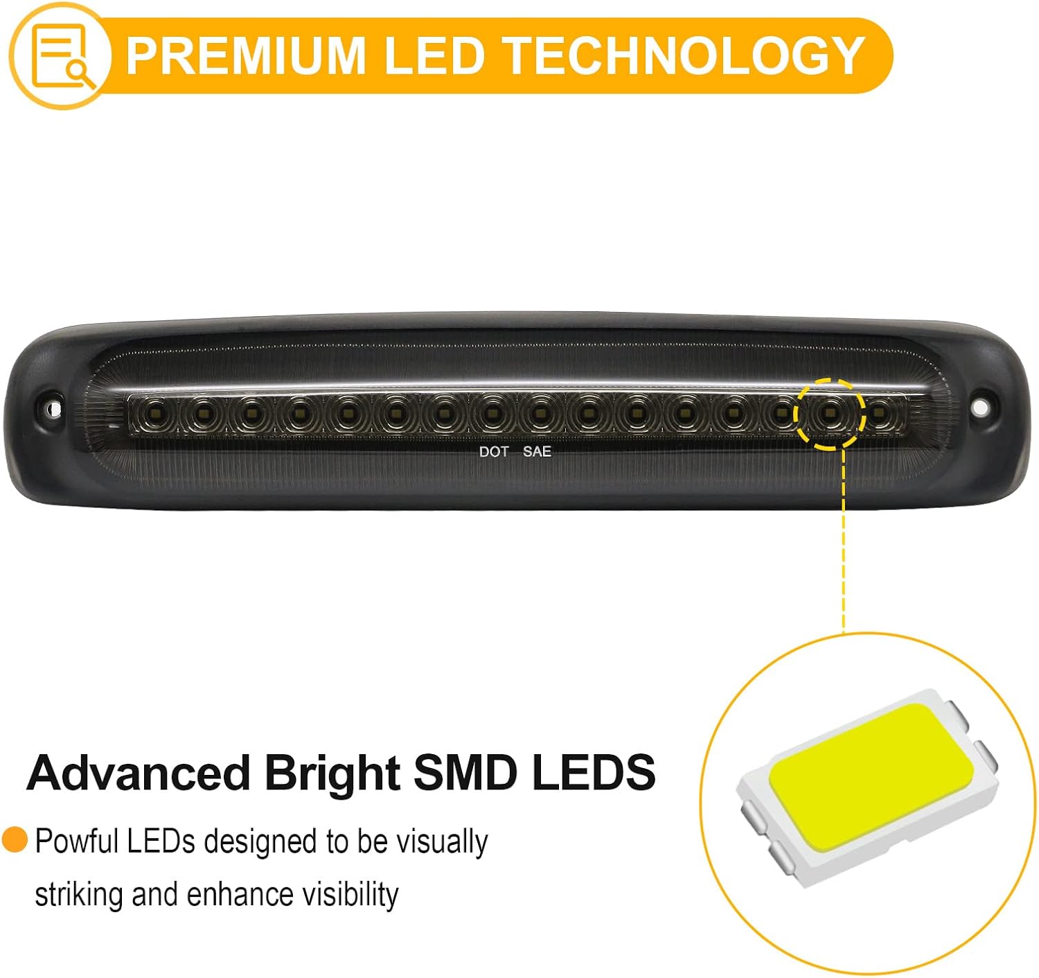 R&F Auto LED Smoked Third Brake Light with Seal Foam Gaskets Replacement for Silverado & Sierra 1500/2500/3500 HD Classic (1999-2007) Pickup Trucks Roof Cargo Lights Strobe High Mount Stop Lamp