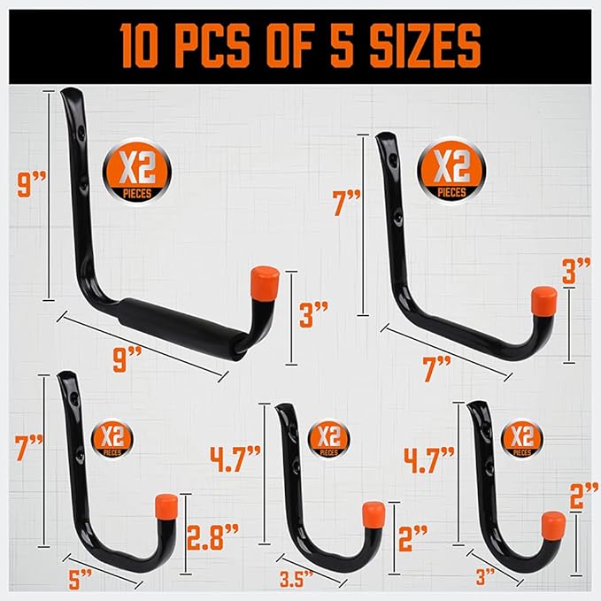 HORUSDY 10-Pack Heavy Duty Garage Storage Hooks Assorted Utility Hooks - Image 3