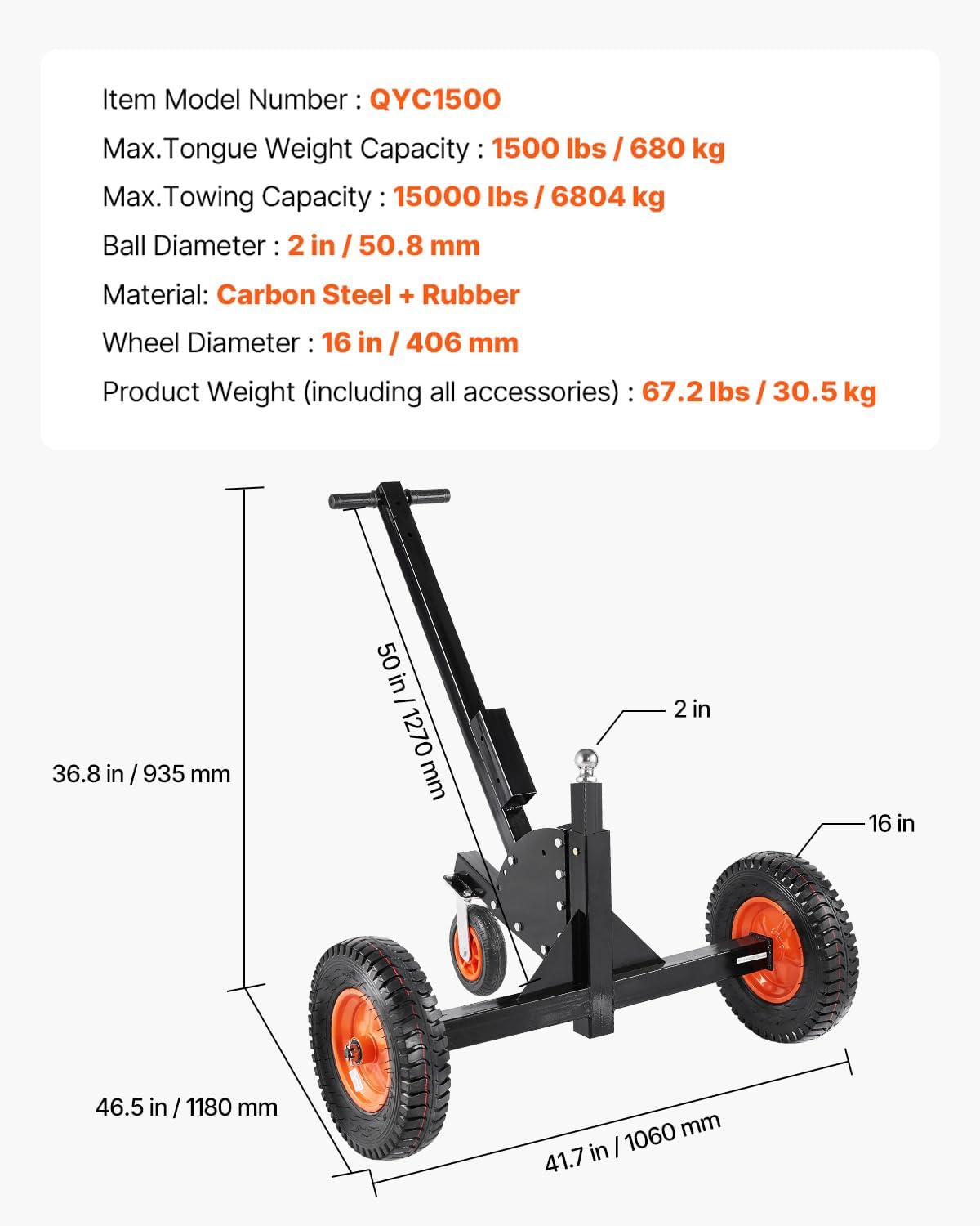VEVOR Trailer Dolly, 1500lbs Tongue Weight Capacity, 2 in 1 Trailer Mover with 2 in Ball, 16 in Pneumatic Tires and Universal Wheel, Portable Tow Dolly for Moving Car RV Trailers