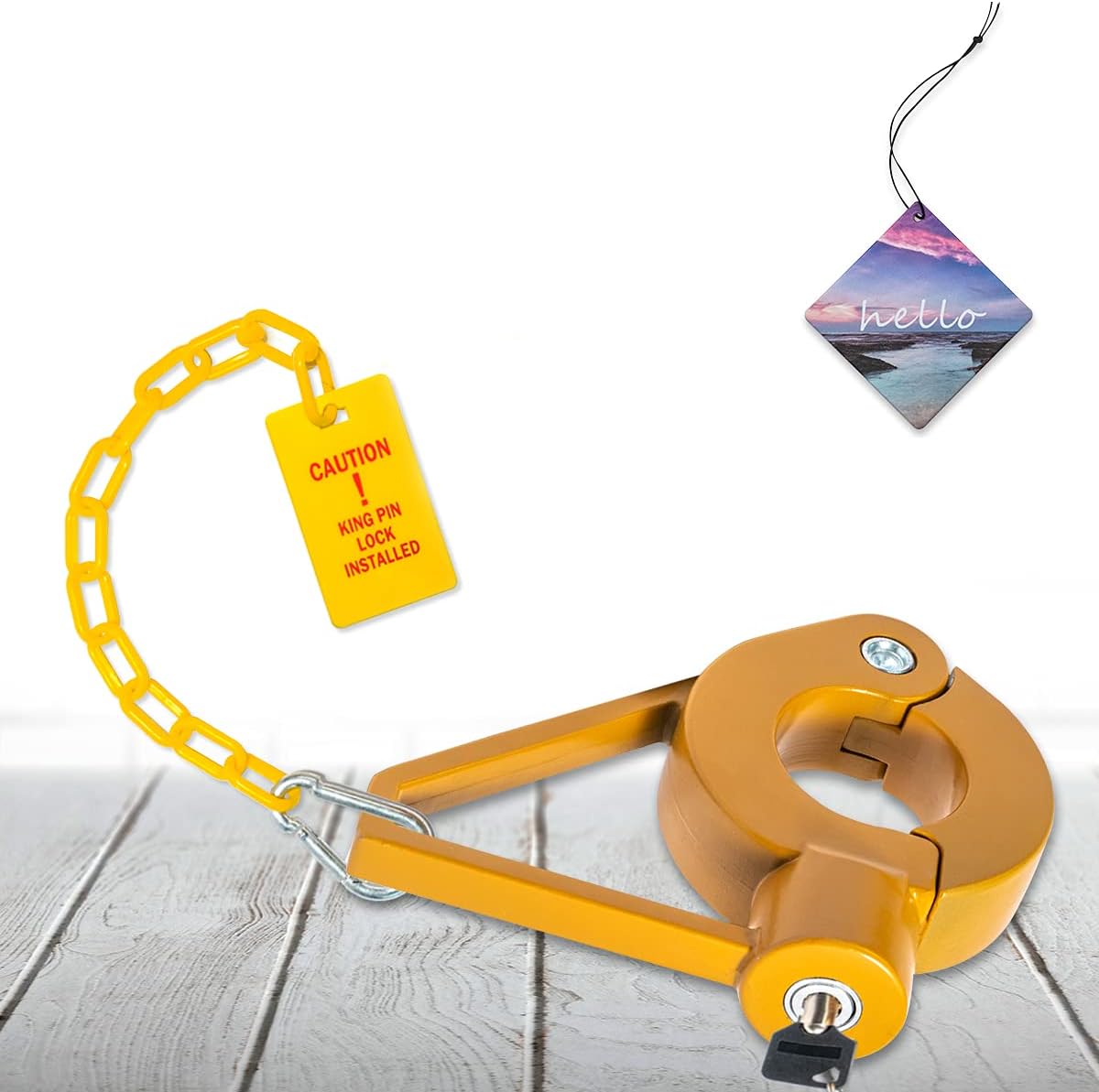 Heavy-Duty - King Pin Lock | Strong Tough Steel | Fifth Wheel Trailer Lock | Anti-Theft for RVs, Trailers, etc | with Bright Caution Tag Deterrent and Air Freshener